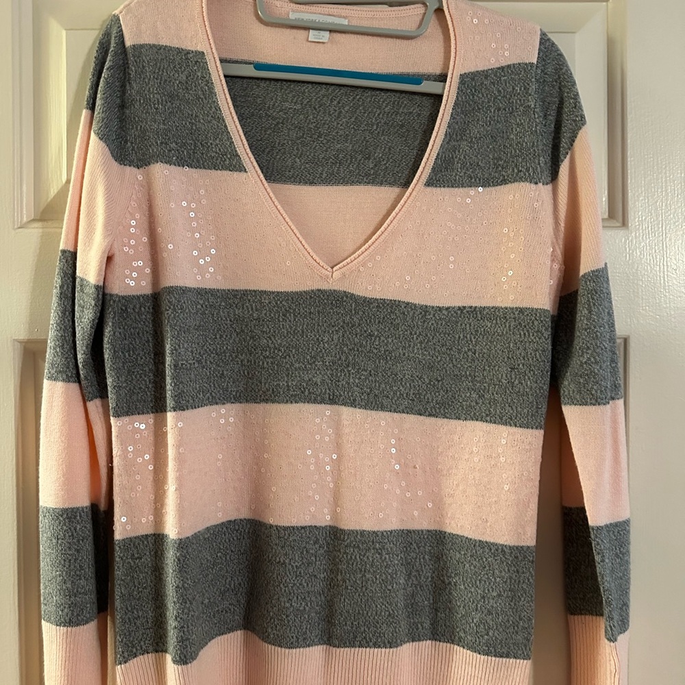 New York & Company Pink and Gray Striped Sweater